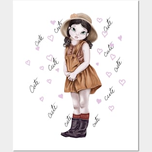 Cute girl in hat and boots Posters and Art